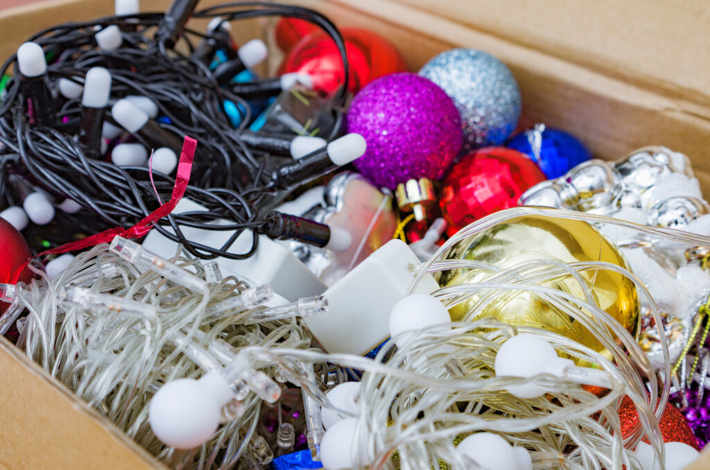 A box of indoor holiday lights, which should not be used for exterior holiday decorating.