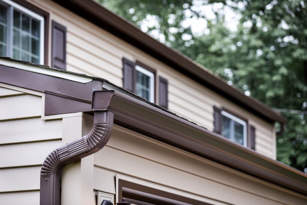 a closeup of brown gutters and a downspout on a beige home.