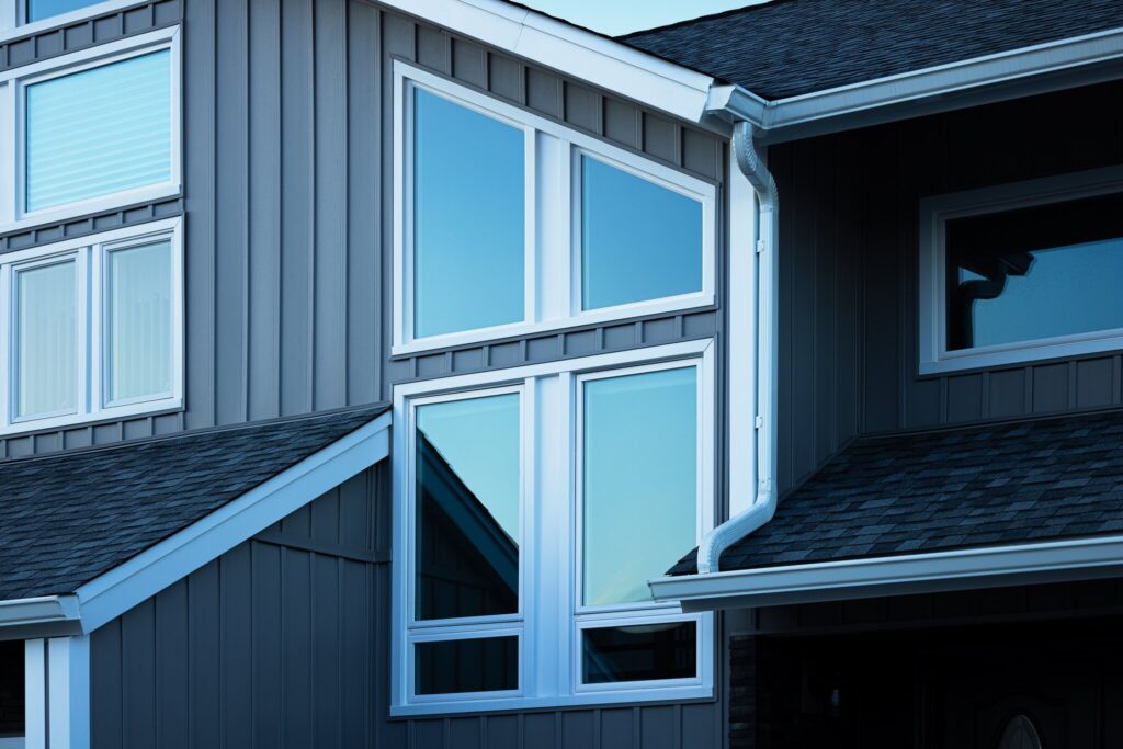 various exterior windows on a home with grey siding.