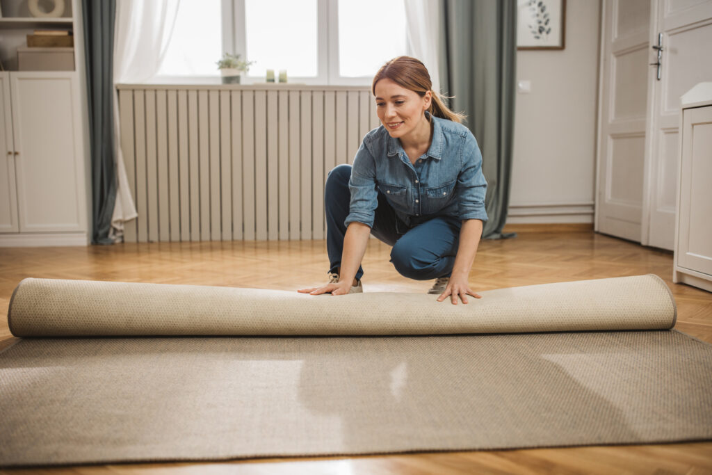 A woman laying down a beige rug on a living room.