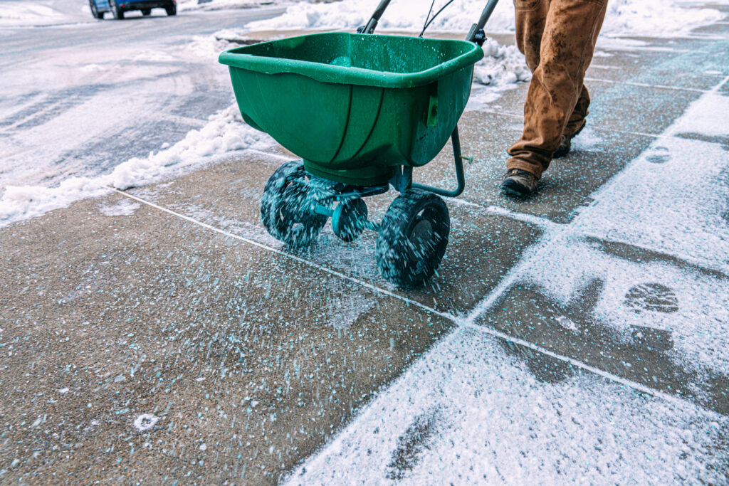 someone salting a sidewalk.