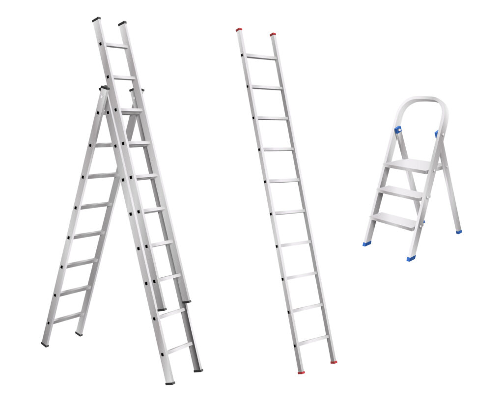 Three different types of ladders displayed including step and extension ladders.